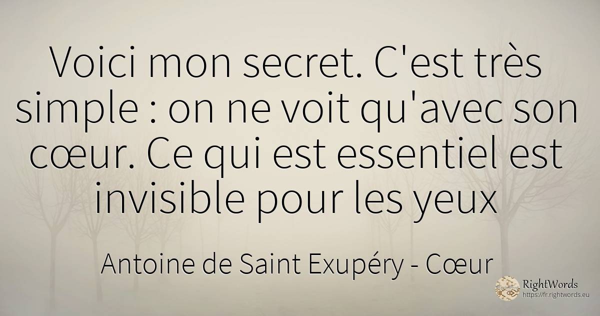 Voici mon secret. C'est très simple : on ne voit qu'avec... - Antoine de Saint Exupéry (Exuperry), citation sur cœur